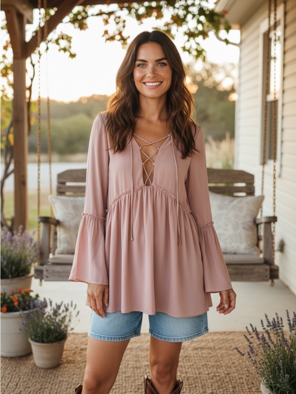 Tobi Dusty Pink Lace-Up Bell Sleeve Mini Dress Boho Fairy Blouse Size M